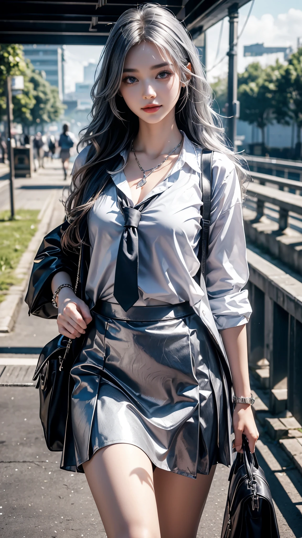 8K, UHD, masterpiece, 1 girl, good face, happy face, detailed eyes, very long hair, necklace, (school uniform), (silver skirt), tie, school bag, in the bridge, cloudy weather, realism, depth of field, 3d, unreal engine 5, ray tracing, flowing wind,