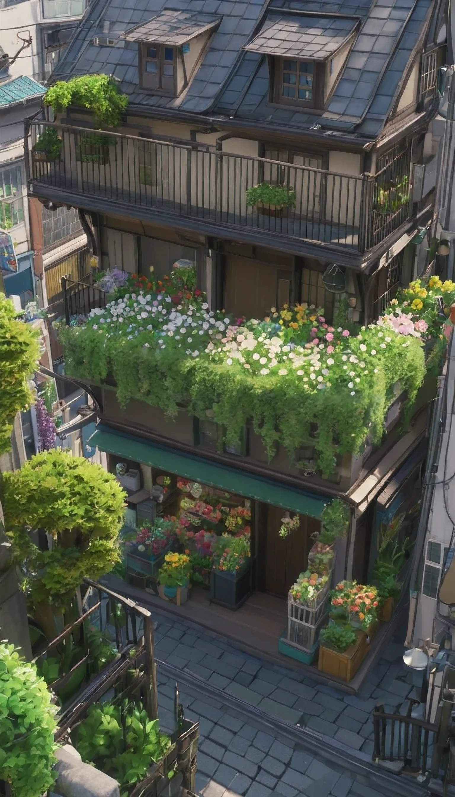 Ghibli anime style image, An european styled three story flower shop with a railing on the rooftop, the building is among other shops or houses in a japanese like alleys, point of view is from above, away from around three blocks of shops or houses.