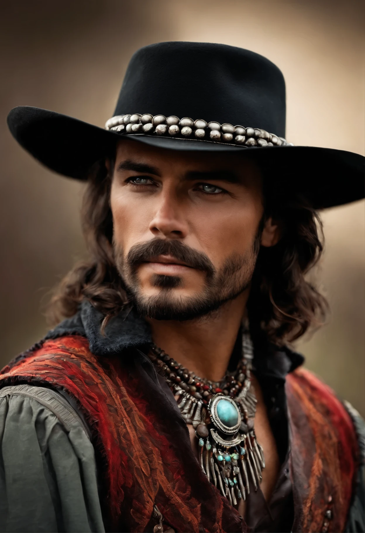 Cowboy with black plain hat, poncho cinza, revolver prata