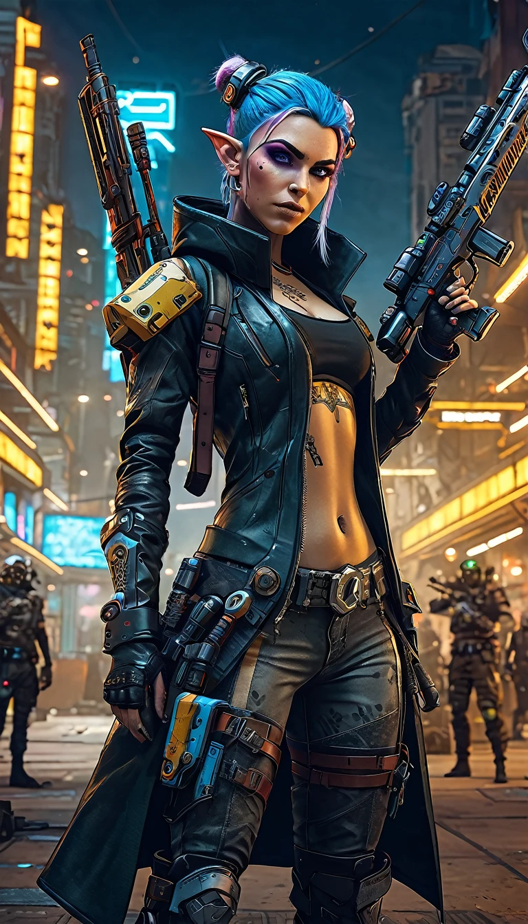 Wide shot, panoramic view, A young elf woman, elf ears, elf warrior, aiming futuristic and high-tech sniper rifle, dynamic action pose, in a borderlands, intricate cyberpunk tattoos, multiple facial piercings, detailed face, slim and athletic physique, borderland outfit, leather dark coat, high military boots, dark sci-fi, borderlands, high-tech weapon, dramatic lighting, cinematic composition, hyper-detailed, 8k, photorealistic, masterpiece, digital painting