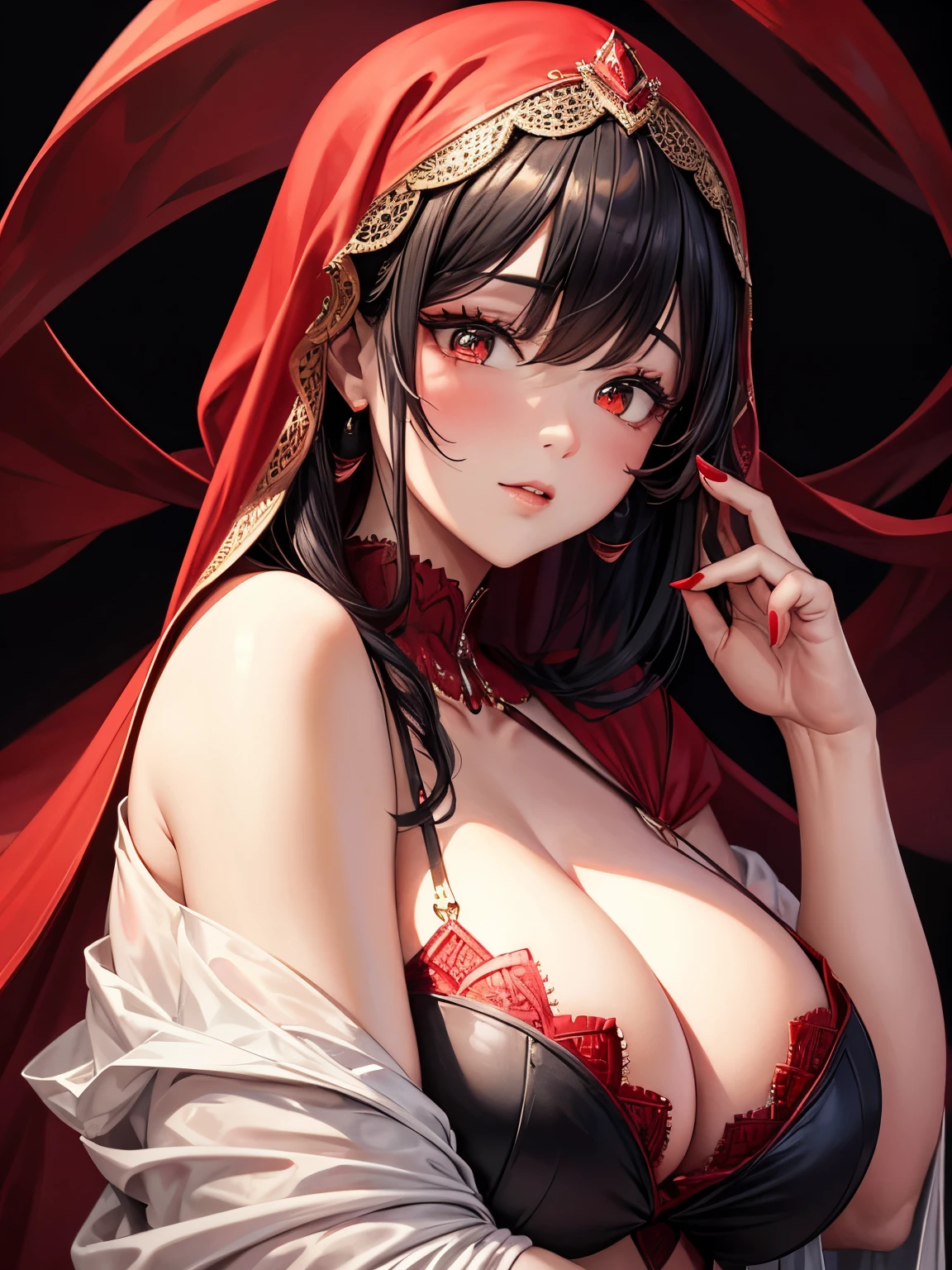 An elegant chubby woman, wearing a red veil covering her eyes, places her fingers on her lips, symbolizing silence. Her nails were long and painted bright red. The background is solid black