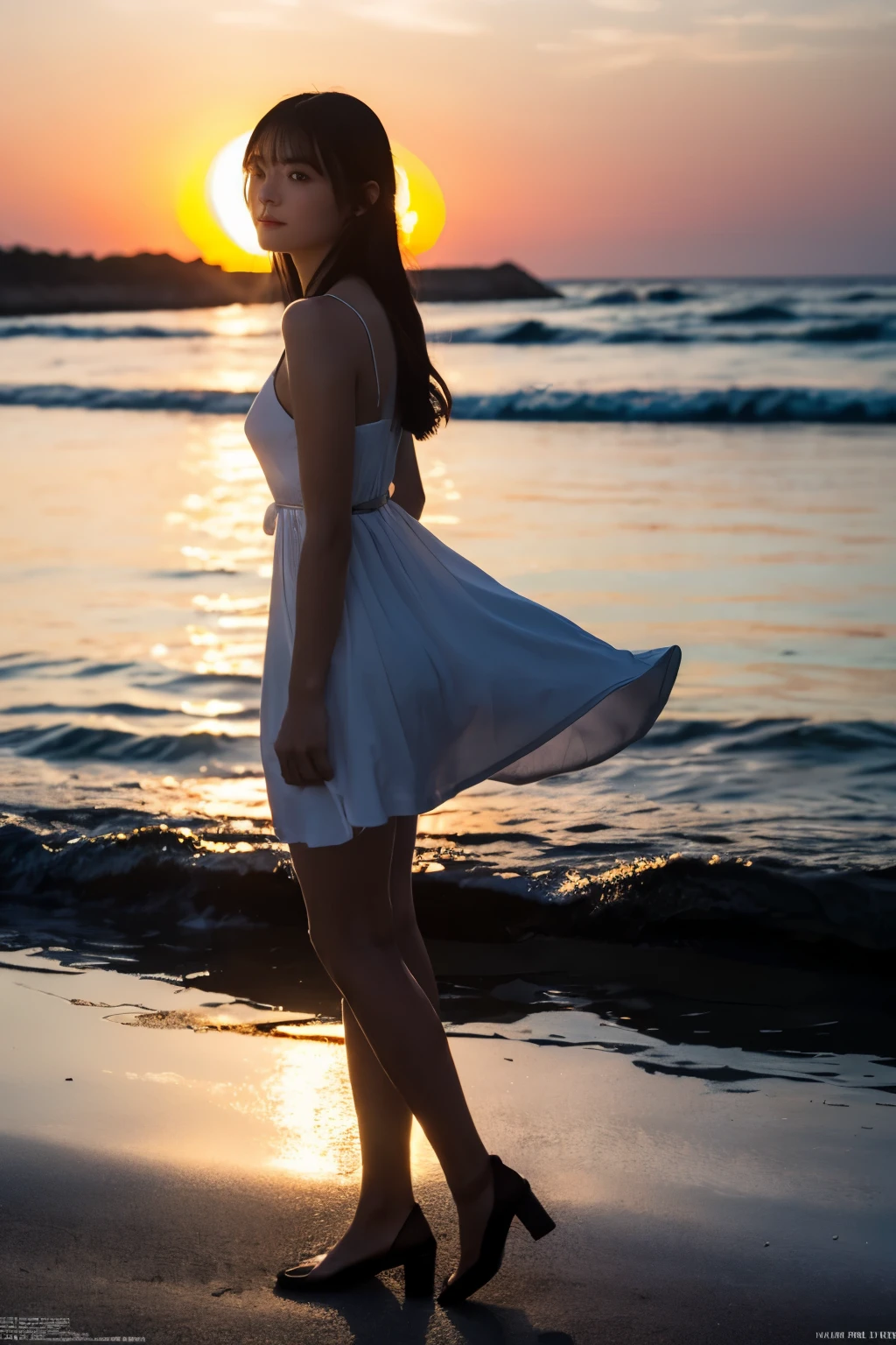 1 girl, (Wear a clean white summer dress:1.2), Very beautiful Japanese idol portraits, 
(RAW Photos, highest quality), (Realistic, Realistic:1.4), (masterpiece), 
Very delicate and beautiful, Very detailed, 2k wallpaper, wonderful, finely, Very detailed CG Unity 8K 壁紙, Very detailed, High resolution, Soft Light, 
Beautiful detailed girl, Very detailed目と顔, Beautiful and sophisticated nose, finelyて美しい目, Cinema Lighting, 
(Fashion magazine photography:1.3), (Sea at dusk), (At night、The beach is illuminated by the last rays of light.), (Wavering on the sea surface), (Crimson Afterglow), (Dark screen), (The contrast between the deep indigo sky and the deep red afterglow),
(Semi-long hair), (Full body silhouette of a girl:1.5), (The girl is squatting on the beach),
Complete Anatomy, Slender body, Small breasts