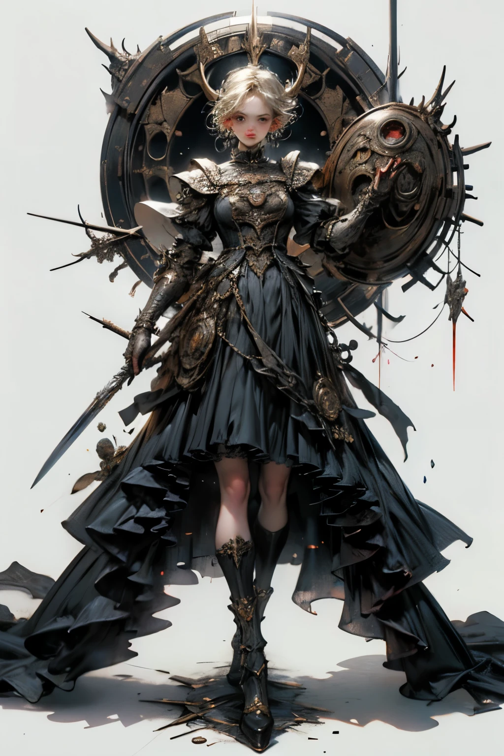 ((best quality)), ((masterpiece)), (detailed), perfect face ((best quality)), ((masterpiece)), (detailed), blank white background, plain background, white background, Bloodborne inspired, occult aesthetic, occult, detailed and intricate steampunk and detailed gothic, NSFW, Very dramatic and cinematic lighting, cosmic horror, grim-dark, side-lighting, perfect face, a beaituful goddess adorned and enshrined in armour, Bloodborne inspired , occult aesthetic, occult, detailed and intricate steampunk and detailed gothic, wielding a sword and holding a shield, NSFW, Fluttering lace flared long knee length dress with frilly petticoats, knee length dress, pleated petticoats, lolita dress, petticoats gothic lolita, side-lighting, gothic lolita aesthetic, beautiful small breasts, small breasts, full body, whole body, body, plain background, white background, blank background, no background, white background NSFW, full body, whole body, head-to-toe
