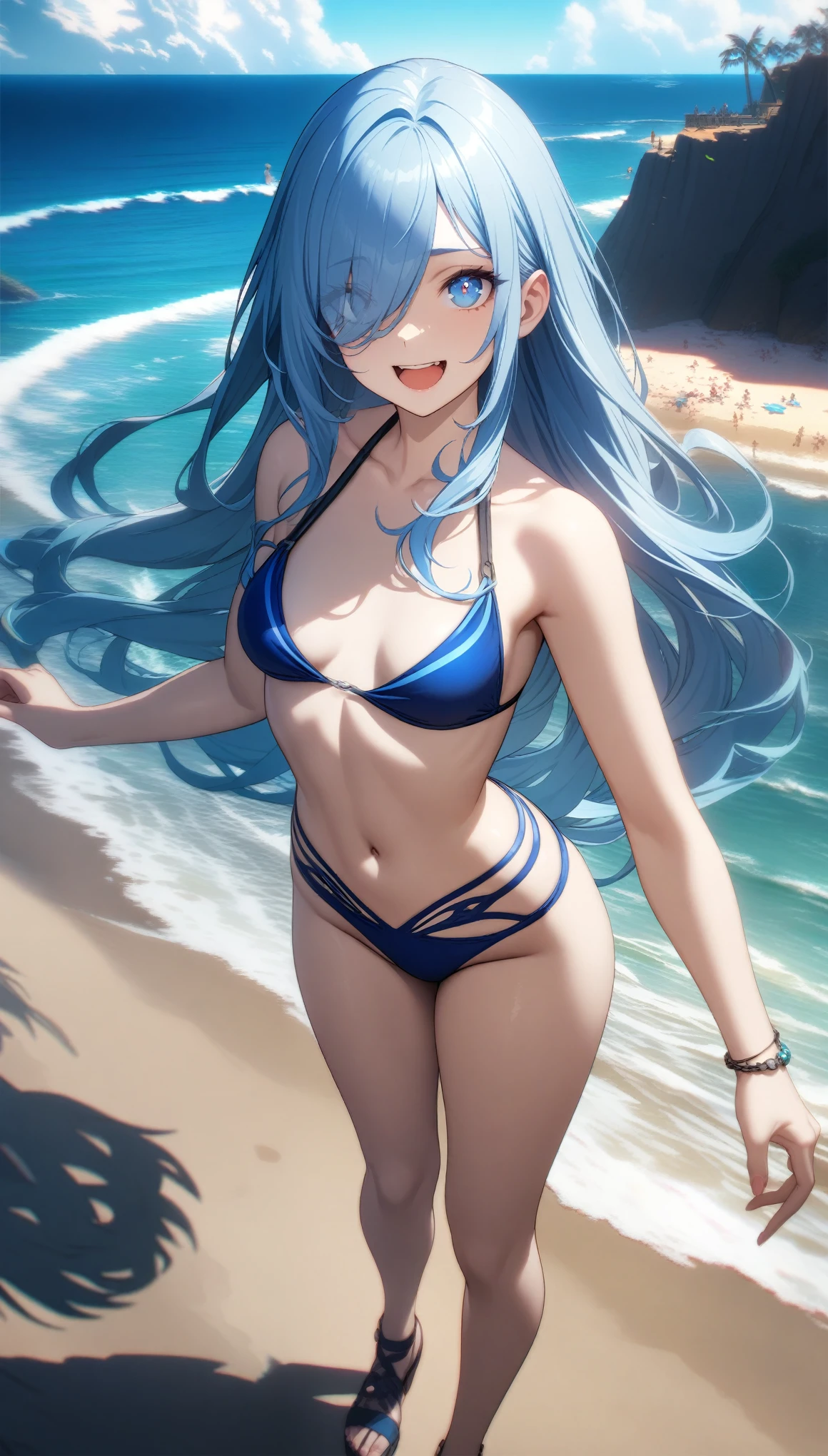 32k, best quality, ultra high res, HDR, UHD, extremely detailed CG, unity 32k wallpaper, highest quality, Intricate details, chromatic aberration, One girl, A revealing blue swimsuit, Long Hair, Blue Hair, Smooth Hair, Blue Highlights, Hair on one eye, blue eyes, Sharp eyes,  Laugh shyly, A beach with lots of people,  