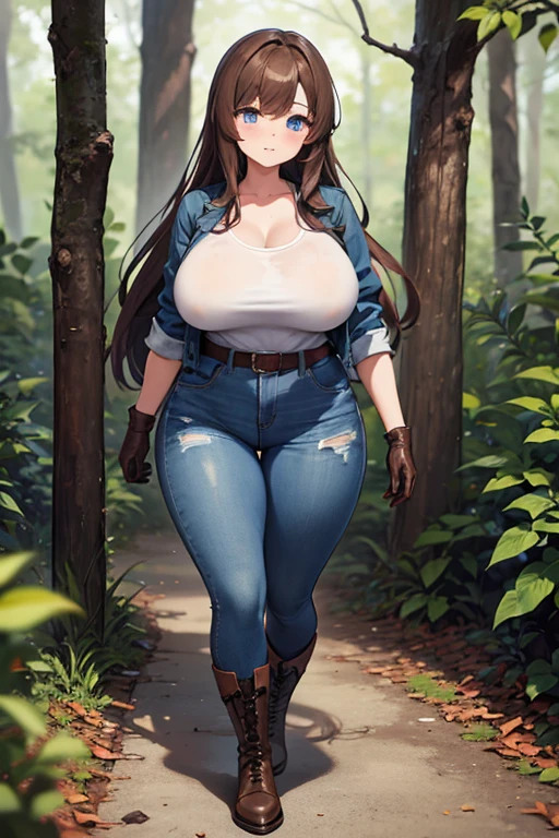 A Beautiful and Cute Girl, (19 Years-old), with (Lush, Long Brown Hair), (Big Beautiful Blue Eyes), Bigger Breasts, Wide Hips, Curvy. Wearing a (Worn Dark-Blue Denim Jacket), Blue Shirt, a Brown Leather Belt, (Heavily Weathered, Dark-Blue Pants), (Dark-Brown Boots), and (Worn Leather Brown Gloves). Standing in the Woods. She is ready for Battle.