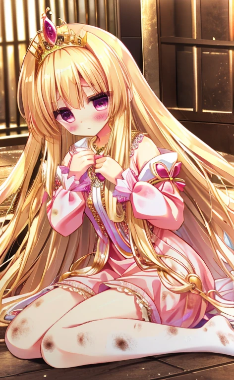 Beautiful long blonde Princess in a pink dress Gold Tiara Long sleeve Shyness night dirty in_prison Tears are overflowing from my eyes
