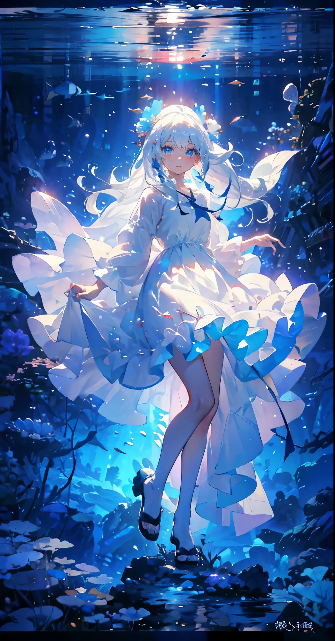 (Mastepiece), (Best Quality), Very detailed、1 girl、Perfect Face、(Solo full body shot:1.3), Very detailedな顔、(Long white hair:1.5)、(blue eyes:1.4)、(In the water:1.4)、(White Dress:1.5)、Ocean、Coral Reef、School of small fish、Light、Bubble、jellyfish、Ocean藻、(深Ocean:1.4)、Fantasy、Ocean底、float