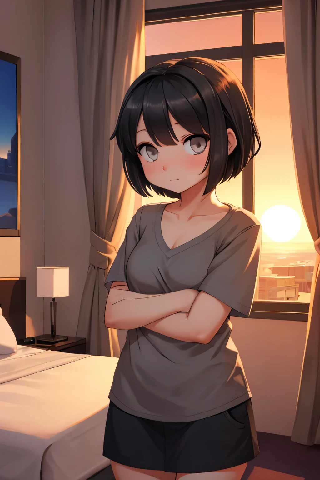 (1Girl, gray eyes, Beautiful, cute, gray short black hair, wearing clothes, shy pose)), (In a hotel room at sunset)