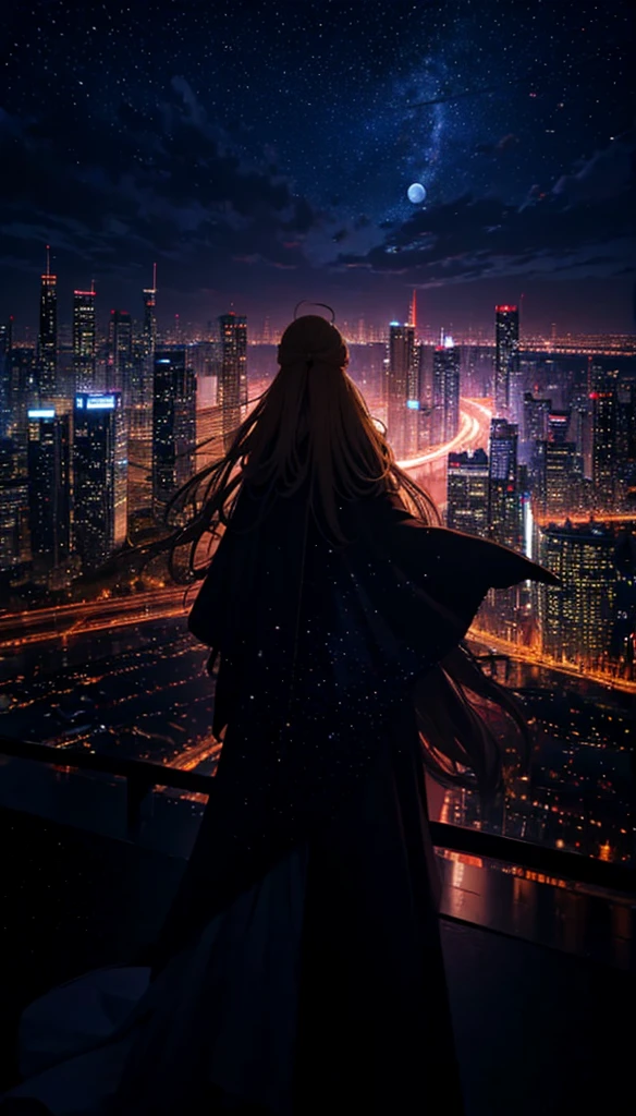 １people,Blonde long-haired woman，Long coat， Dress Silhouette， Rear View，Space Sky, comet, Anime Style, City night view from the rooftop，Countless fireworks covering the sky，