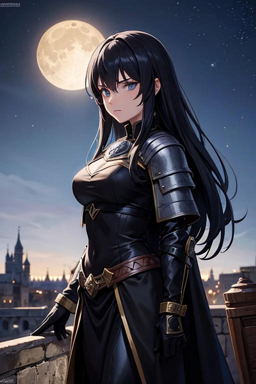 Female thief from medieval fantasy universe, Italian features, 25 years old with long black hair, in black armor. on the roofs of a fantasy medieval city, night full moon in the sky