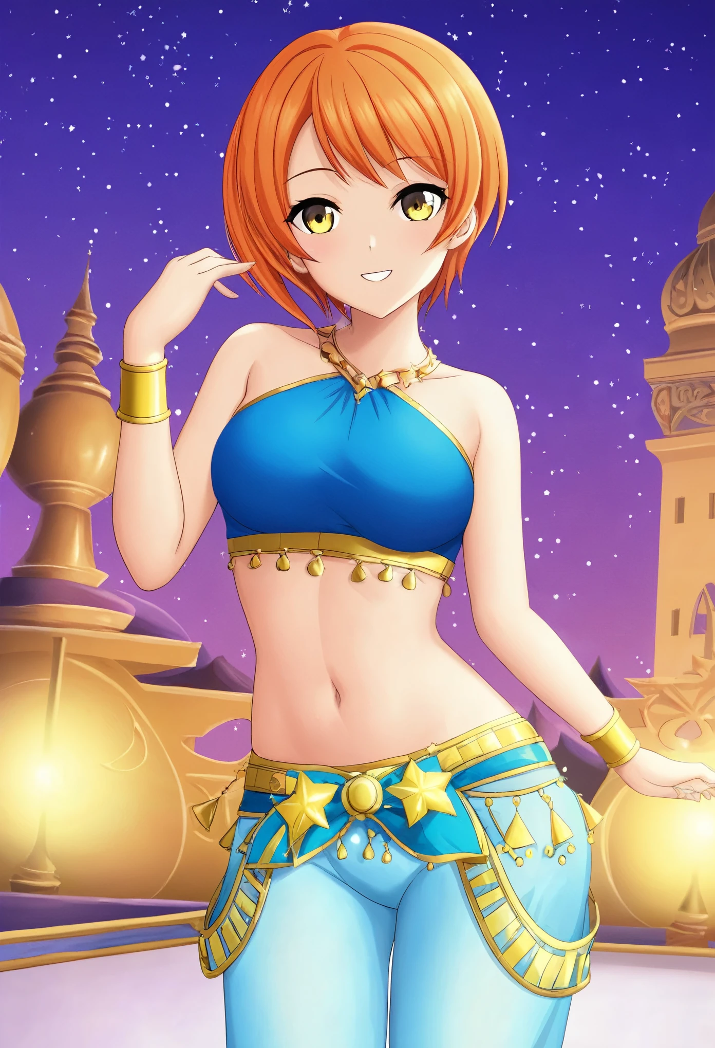 Masterpiece, best quality, Hoshizora rin, orange hair, yellow eyes,solo, looking_at_viewer, standing, blue crop top,stars printed crop top, white harem pants, night sky full of stars and magic, Arabian architecture in background 