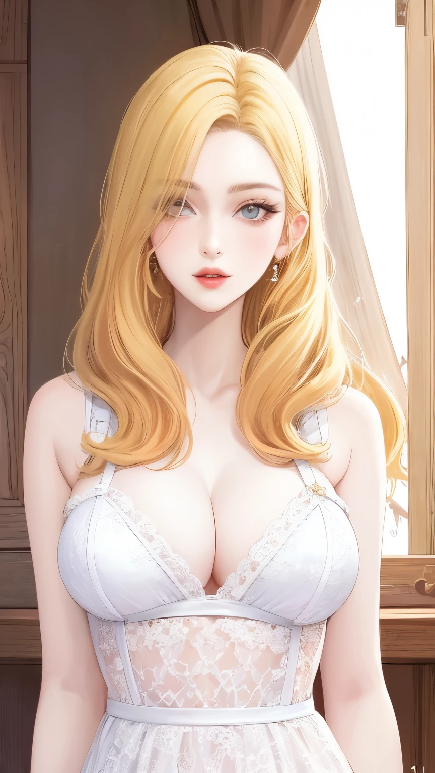 (masterpiece, best quality:1.2), 1girl, solo,mature_lady, delicate face,detail eyes,long hair, floating hair,medium breasts, upper body,,White lace tube top dress,in a student dormitory,
jixiaoman,
blonde_hair,
pink_hair,
yellow_clothes,
black_clothes,
