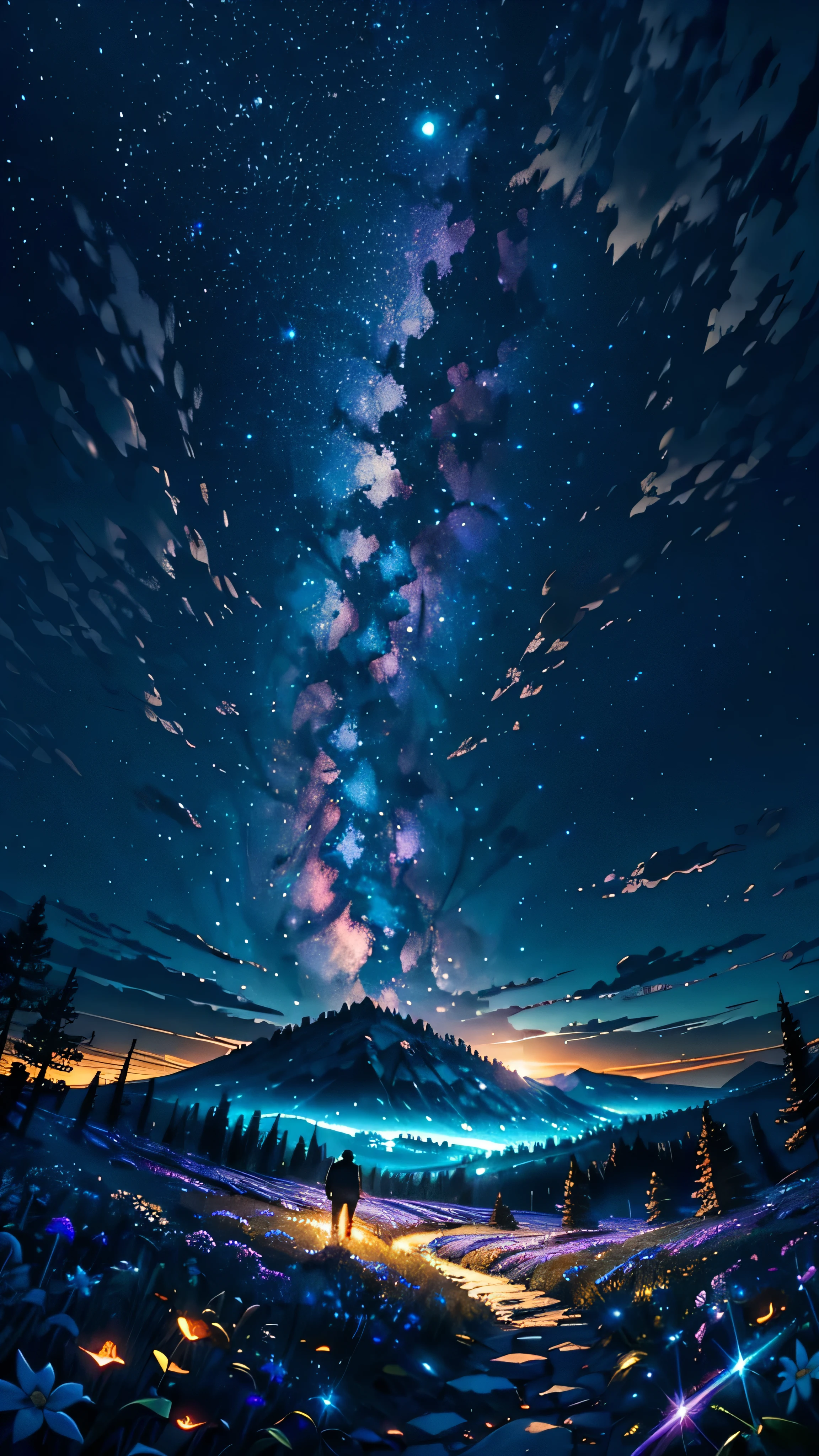 Expansive landscape photograph, (view from below with a view of the sky and the wilderness below), a man standing in a flower field looking up, (full moon: 1.2), (shooting star: 0.9), (nebula: 1.3), distant mountain, tree break production art, (warm light source: 1.2), (firefly: 1.2), lamp, purple and orange, intricate detail, volume lighting BREAK (masterpiece: 1.2), (highest quality ), 4k, ultra-detailed, (dynamic configuration: 1.4), highly detailed and colorful details (iridescent: 1.2), (sparkling lighting, atmospheric lighting), dreamy, magical, (solo: 1.2)