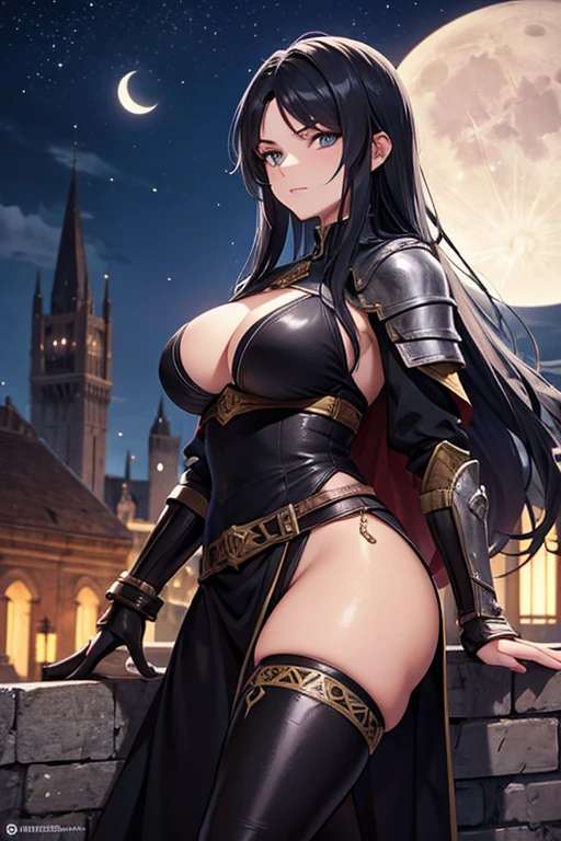 Female thief from medieval fantasy universe, Italian features, 25 years old with long black hair, in black armor. on the roofs of a fantasy medieval city, night full moon in the sky