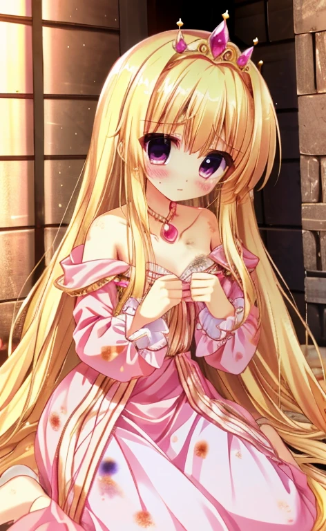 Beautiful long blonde　Princess in a pink dress　Gold Tiara　Long sleeve　Shyness　night　dirty　in_prison　Tears are overflowing from my eyes