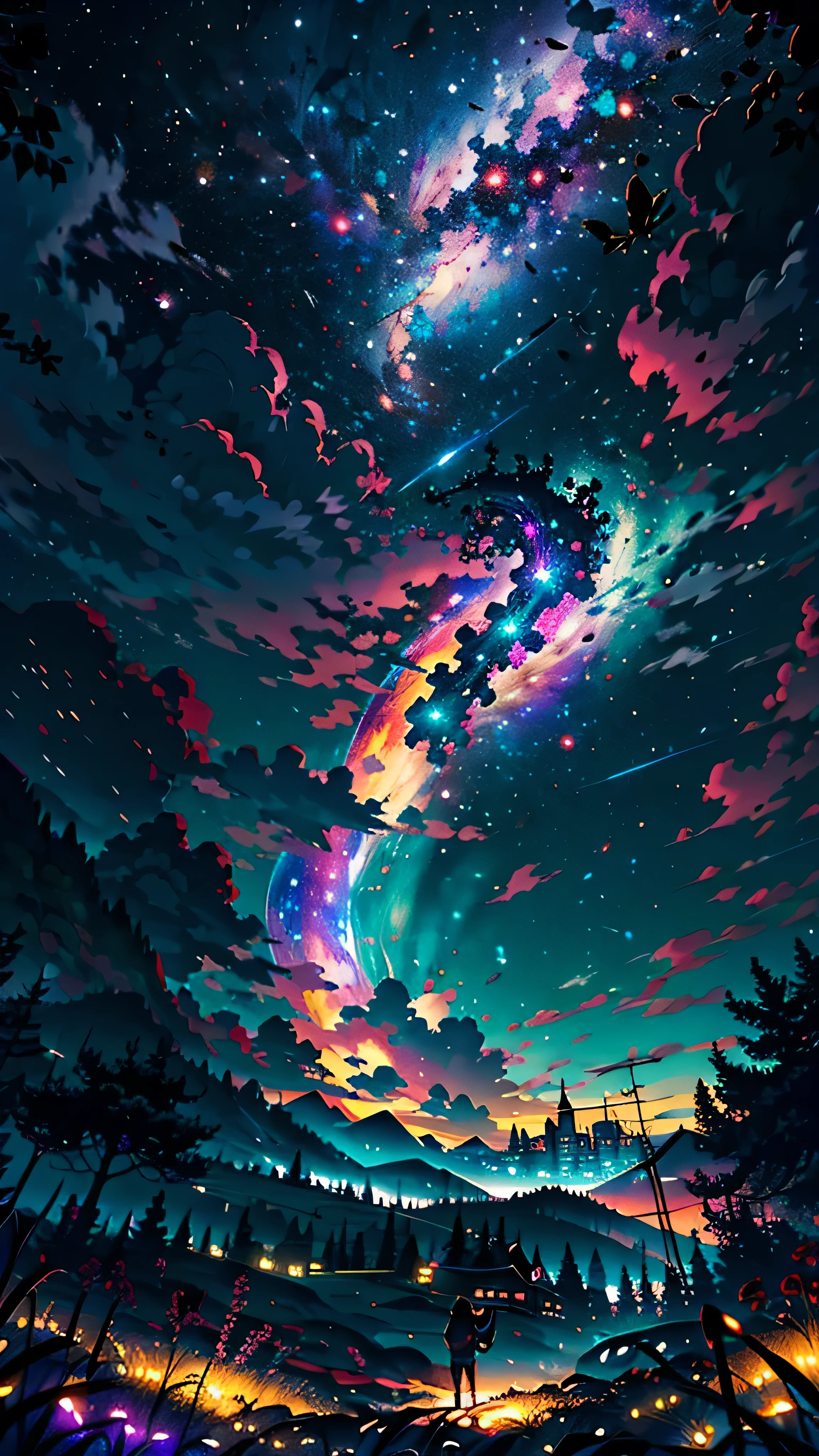 LANDSCAPE PHOTO (SEEN FROM BELOW, SKY ABOVE, FIELD BELOW), GIRL STANDING IN FLOWER GARDEN LOOKS UP (FULL MOON: 1.2), (METEOR: 0.9), (NEBULA: 1.3), DISTANT MOUNTAINS, TREES BREAK CRAFTING ART, (WARM LIGHT: 1.2), (FIREFLY: 1.2), LIGHTS, LOTS OF PURPLE AND ORANGE, INTRICATE DETAILS, VOLUMETRIC LIGHTING BREAK (MASTERPIECE: 1.2), ( Best Quality), 4K, Ultra Detailed, (Dynamic Composition: 1.4), Rich in Detail and Color, (Iridescent: 1.2), (Glow, Atmospheric Lighting), Dreamy, Magical, (Solo: 1.2)