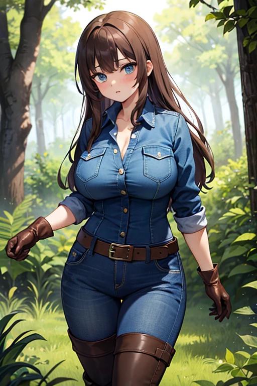 A Beautiful and Cute Girl, (19 Years-old), with (Lush, Long Brown Hair), (Big Beautiful Blue Eyes), Big Breasts, Wide Hips, slightly slim. Wearing a (Worn Dark-Blue Denim Jacket), Blue Shirt, a Brown Leather Belt, (Heavily Weathered, Dark-Blue Pants), (Dark-Brown Boots), and (Worn Leather Brown Gloves). Standing in the Woods. She is ready for Battle.