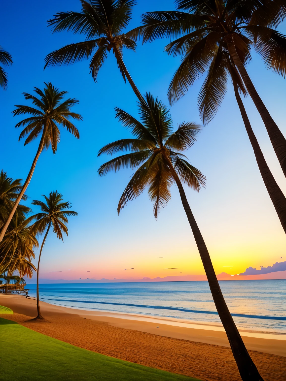 arafed view of a beach with palm trees and a sunset, palm trees, with palm trees in the back, palm trees in the background, palmtrees, palm trees james gurney, palms, tropical palms, tropical trees, beautiful magical palm beach, tropical atmosphere, tropical vibe, coconut trees, tropics, tropical paradise, palm trees on the beach