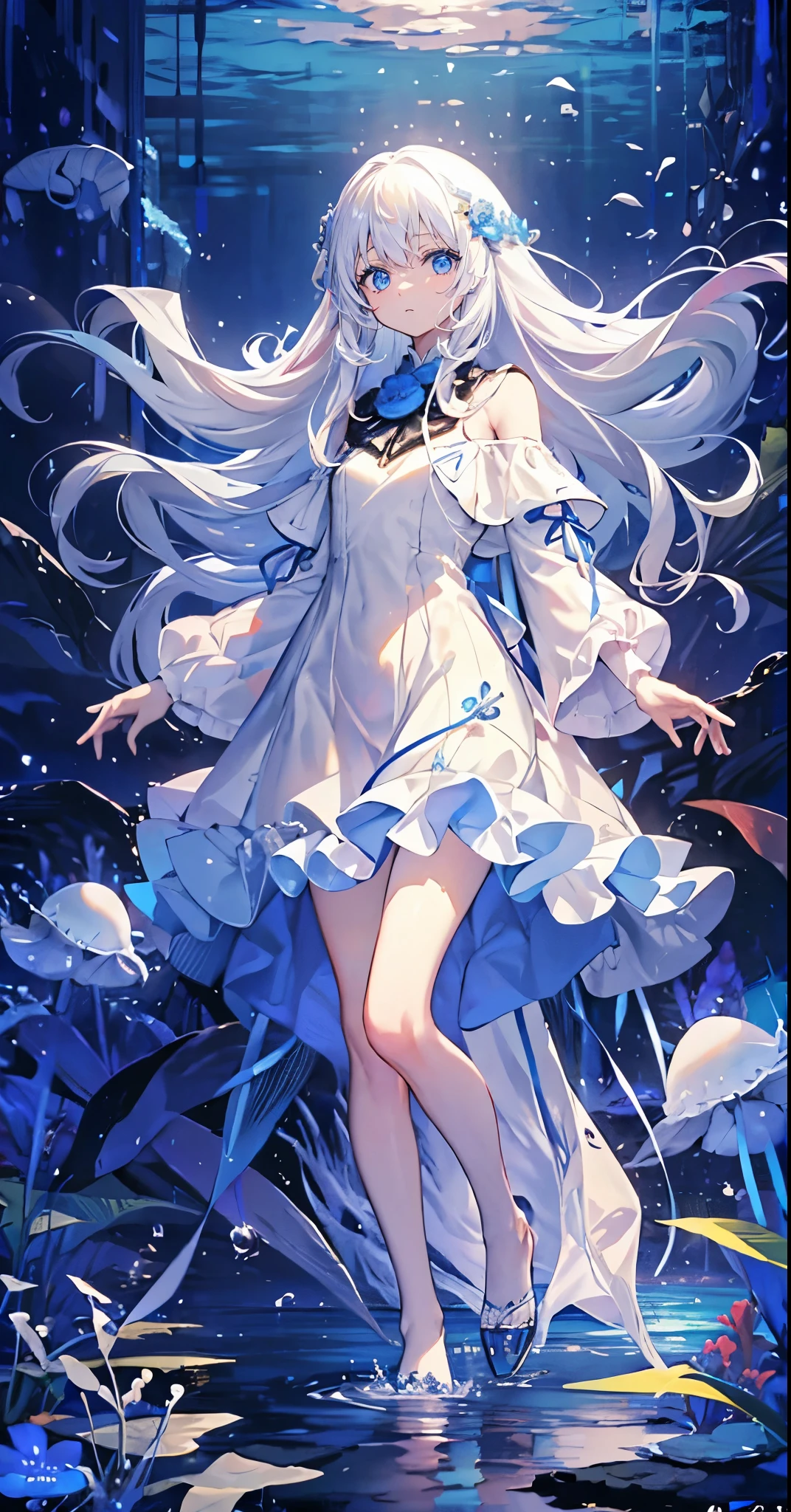 (Mastepiece), (Best Quality), Very detailed、1 girl、Perfect Face、(Solo full body shot:1.3), Very detailedな顔、(Long white hair:1.5)、(blue eyes:1.4)、(In the water:1.4)、(White Dress:1.5)、Ocean、Coral Reef、School of small fish、Light、Bubble、jellyfish、Ocean藻、(深Ocean:1.4)、Fantasy、Ocean底、float