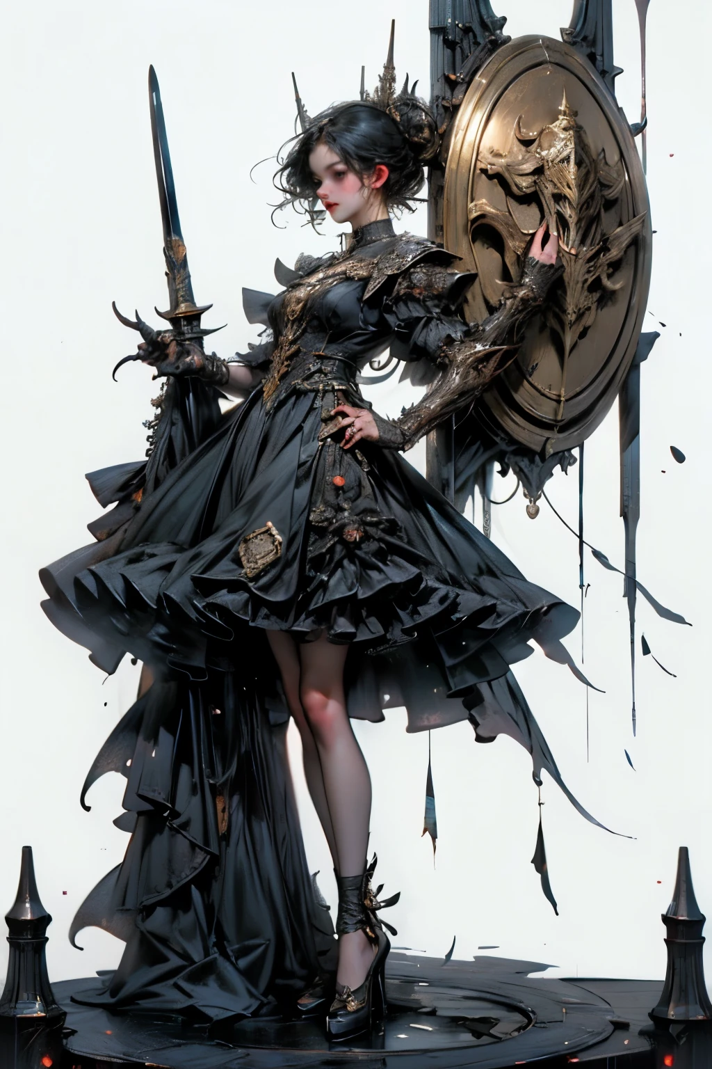 ((best quality)), ((masterpiece)), (detailed), perfect face ((best quality)), ((masterpiece)), (detailed), blank white background, plain background, white background, Bloodborne inspired, occult aesthetic, occult, detailed and intricate steampunk and detailed gothic, NSFW, Very dramatic and cinematic lighting, cosmic horror, grim-dark, side-lighting, perfect face, a beaituful goddess adorned and enshrined in armour, Bloodborne inspired , occult aesthetic, occult, detailed and intricate steampunk and detailed gothic, wielding a sword and holding a shield, NSFW, Fluttering lace flared long knee length dress with frilly petticoats, knee length dress, pleated petticoats, lolita dress, petticoats gothic lolita, side-lighting, gothic lolita aesthetic, beautiful small breasts, small breasts, full body, whole body, body, plain background, white background, blank background, no background, white background NSFW, full body, whole body, head-to-toe