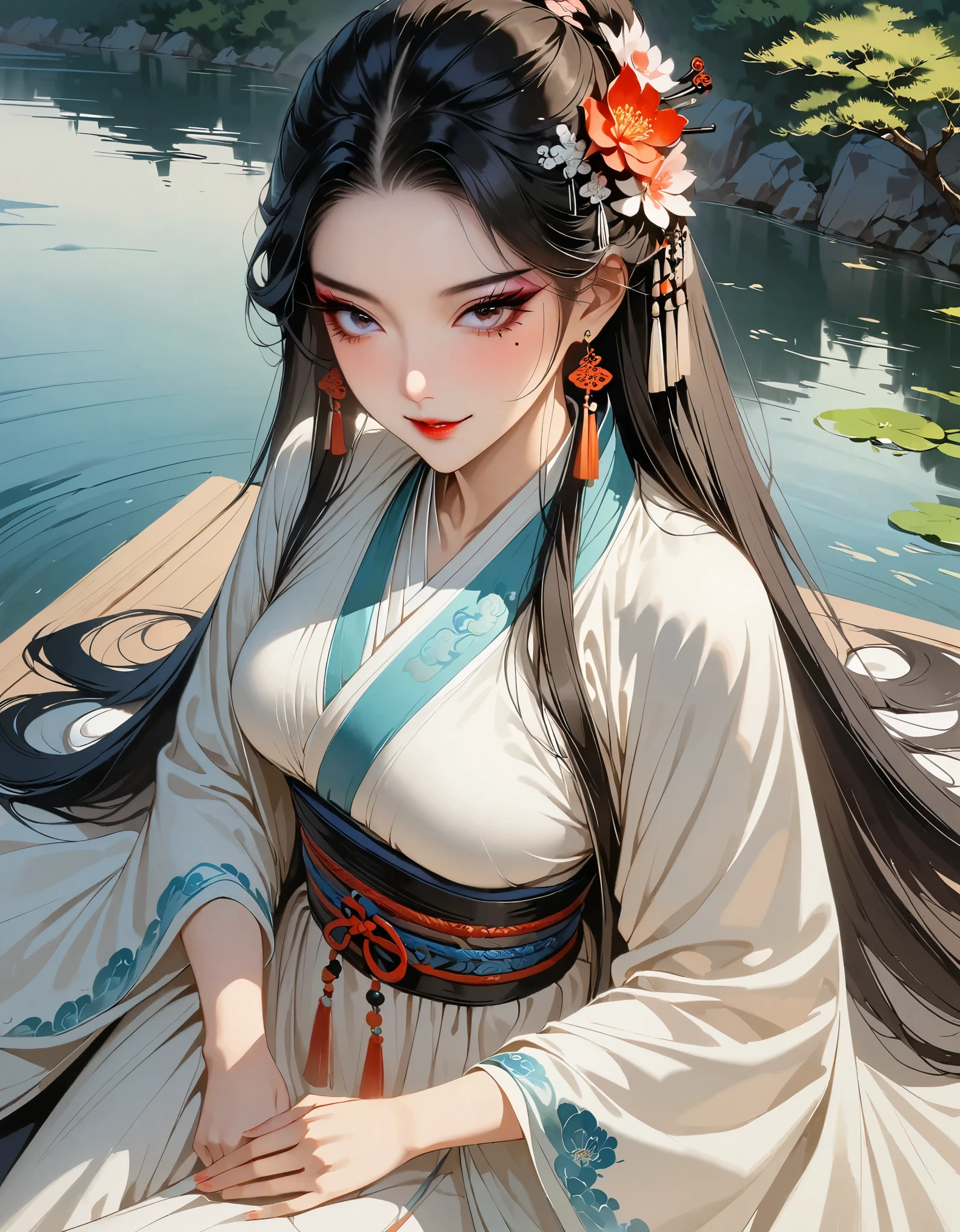 ((4k, best quality)), 1girl, Exquisite makeup, Ink Bismuth, traditional Chinese painting, Chinese elements, Hanfu, （Dress conservatively：1.3）, Black long hair, Smile, Sitting, barefoot, Hairpin, charming, Upper Body, lake, Clothing details, hair flower, mole under eye, from above, ray tracing