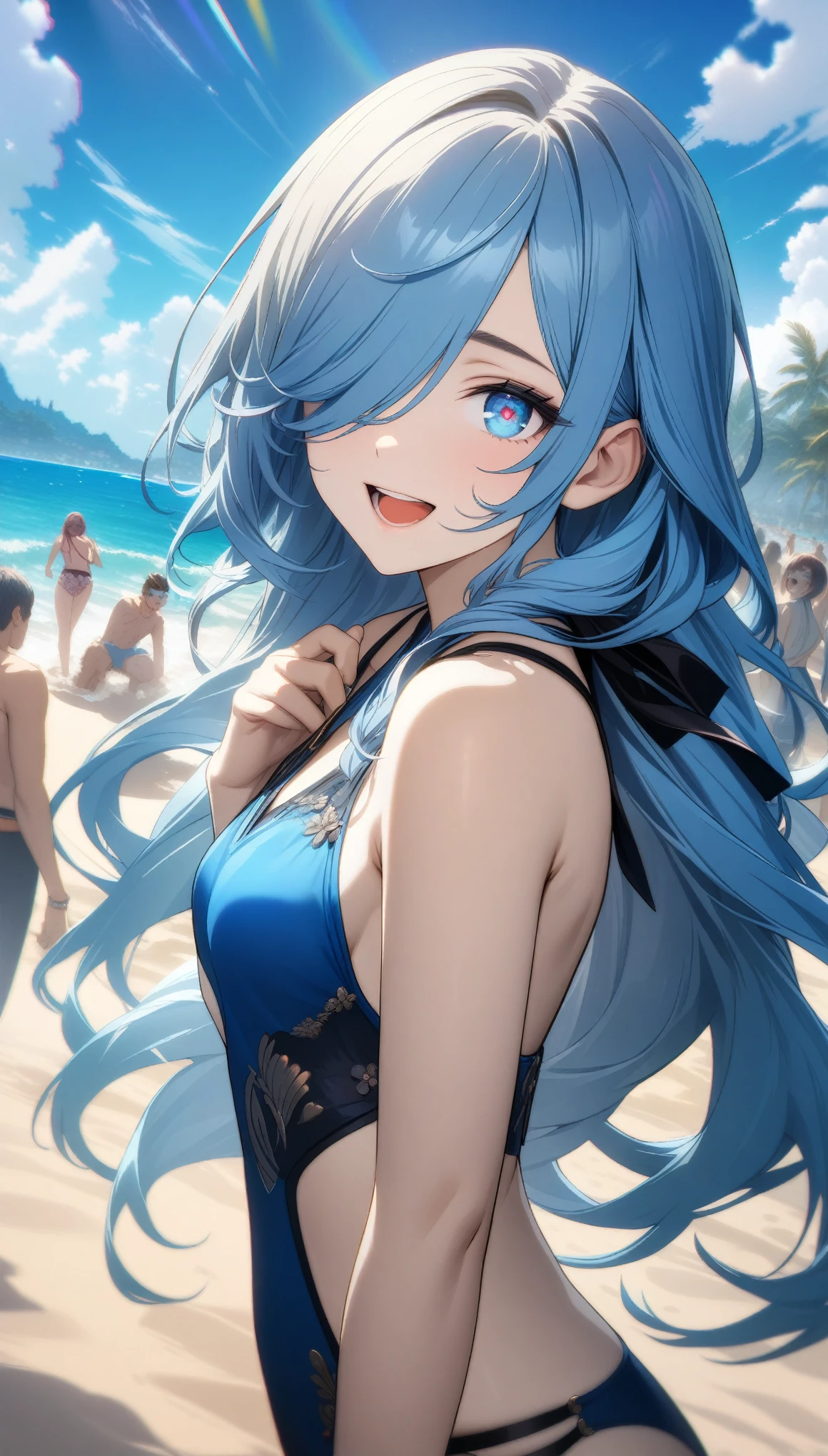 32k, best quality, ultra high res, HDR, UHD, extremely detailed CG, unity 32k wallpaper, highest quality, Intricate details, chromatic aberration, One girl, A revealing blue swimsuit, Long Hair, Blue Hair, Smooth Hair, Blue Highlights, Hair on one eye, blue eyes, Sharp eyes,  Laugh shyly, A beach with lots of people,  