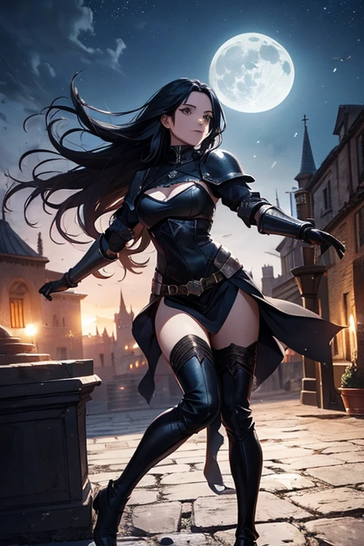 Female thief from medieval fantasy universe, Italian features, 25 years old with long black hair, in black armor. on the roofs of a fantasy medieval city, night full moon in the sky
