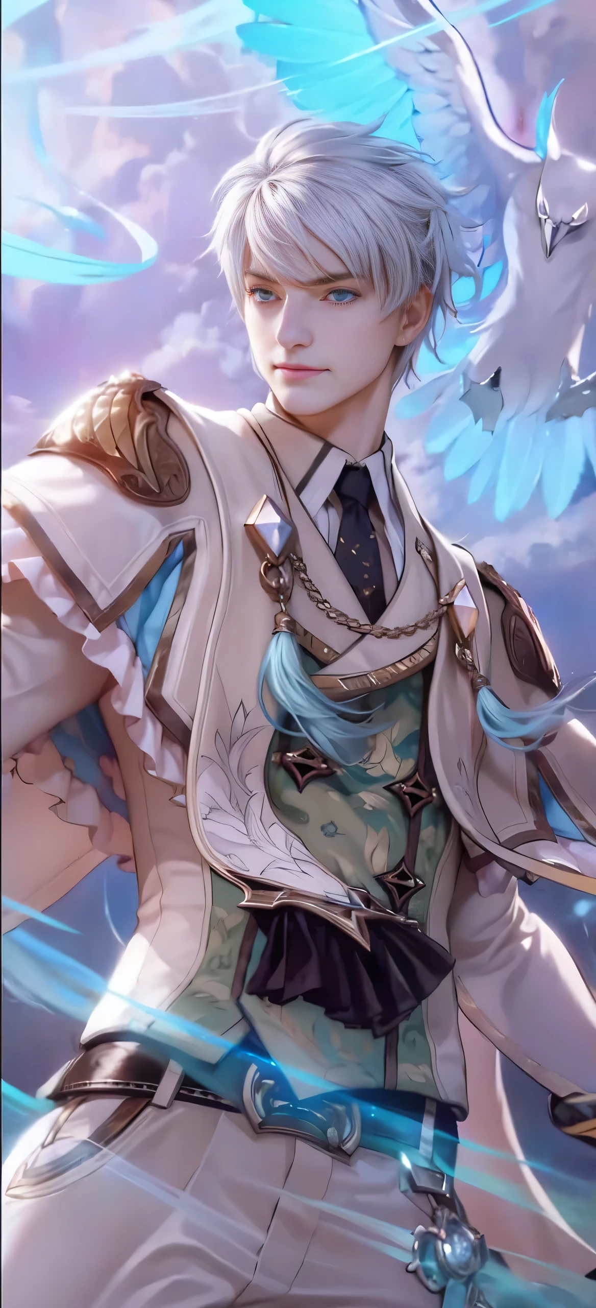 Man, young male, boy, male, white hair, long hair, blue eyes, evil smile, evil, bright eyes, strong man