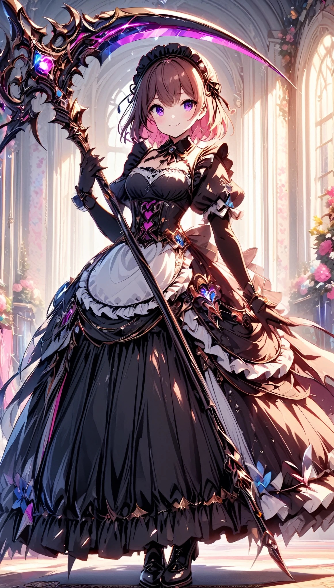 female\(cute,girl,age of 20,cosmic eyes, short hair, female knight, perfect hands, five fingers, black long dress,full body,smile,skirt\(spreads,flutters\)\), BREAK ,background\(inside,victorian style room,glorious,colorful,cute\), BREAK ,quality\(8k,wallpaper of extremely detailed CG unit, masterpiece,hight resolution,top-quality,top-quality real texture skin,hyper realisitic,increase the resolution,RAW photos,best qualtiy,highly detailed,the wallpaper,cinematic lighting,ray trace,golden ratio\),((close up maid dress)), (holding scythe).