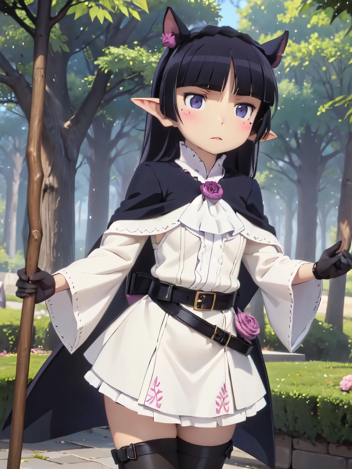 ((ruri gokou)), One girl, blush, Black Hair, Mole, Mole under eye, Hime cut, Elf, ((dark elf)), (Long ears), wood々In harmony with, (Fairy), magic, Black Costume, Robe, Mid-length skirt, Archer, Forest People, longbows, magic, wood々Spirits of, elven robe, hood, cloak, dark tunic, gloves, belt, boots, Lush forest, magicの森, Gothic ta
