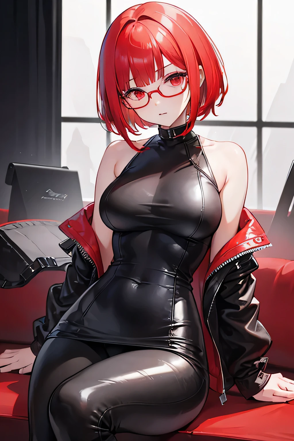 girl,bobcut,red hair,asymmetric bangs,rounded glasses,sharp eye,red eye,leather tight dress,tight leather pants,blind mouth,leather mask,sit,spread leg,