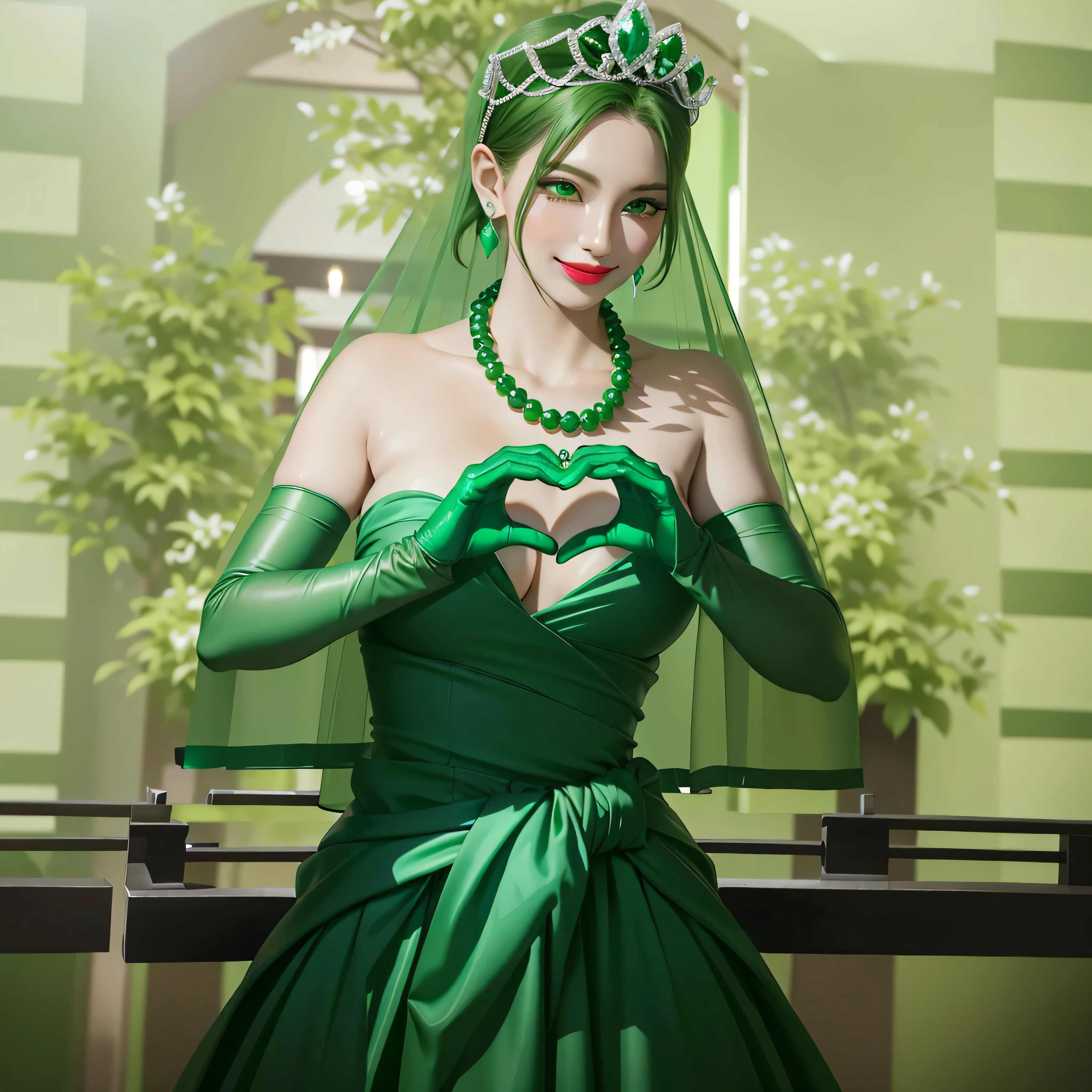 Emerald tiara, Green Pearl Necklace, Boyish very short green hair, Green Lips, Smiling Japanese woman, Very short hair, Busty beautiful lady, Green Eyes, Green satin long gloves, Green Eyes, Emerald Earrings, Green Veil, Heart with both hands, Green Hair, Beautiful Japanese Woman, Heart shaped hands:1.3, green lip gloss