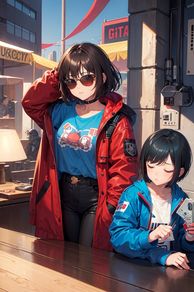 sleeping,bed,robotgirl,{thick eyeblows},very short hair,brown hair,red sunglasses,blue jacket,black hot pants,{cool},stylish,midnightcybercity{background:1.3},{masterpiece},{highquority},{best detailed},MECA