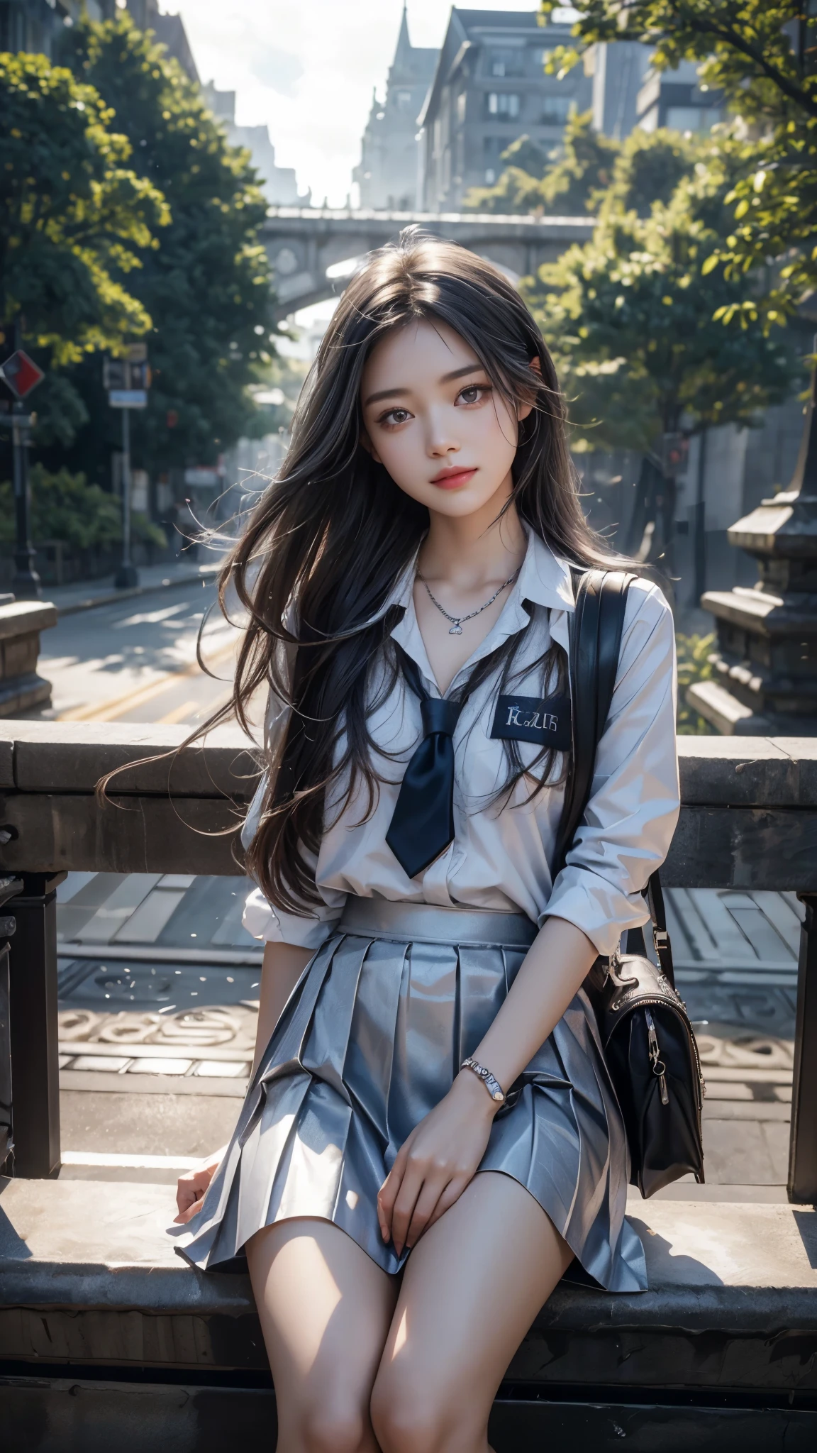 8K, UHD, masterpiece, 1 girl, good face, happy face, detailed eyes, very long hair, necklace, (school uniform), (silver skirt), tie, school bag, in the bridge, cloudy weather, realism, depth of field, 3d, unreal engine 5, ray tracing, flowing wind, sitting,