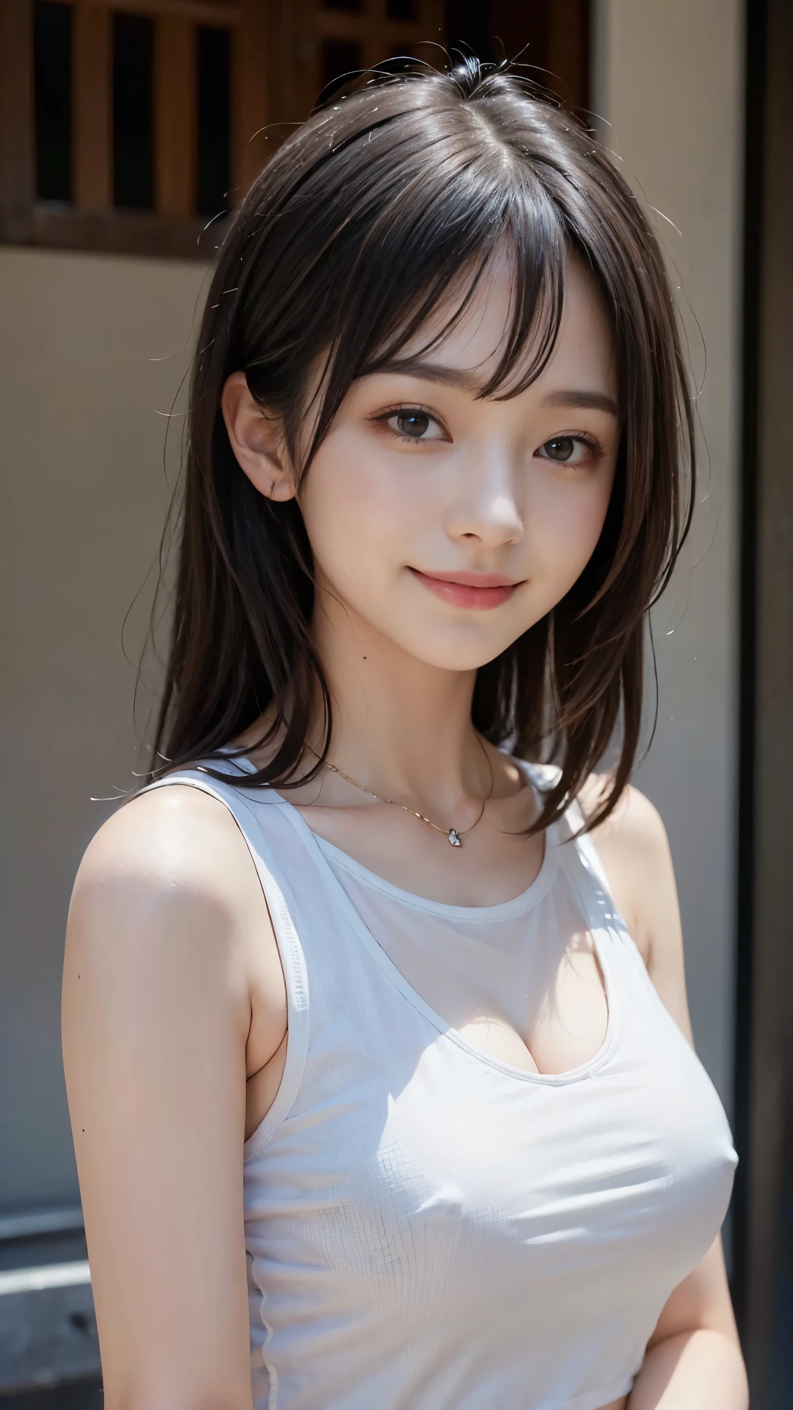 ((highest quality、Masterpiece、High resolution))、(((Zoom photo of upper body)))、(A shy smile:1.2)、One -yeld fee、Beautiful Skin、Beautiful Eyes、Large Breasts、Sportswear、Black Hair、Trimmed bangs、semi-long