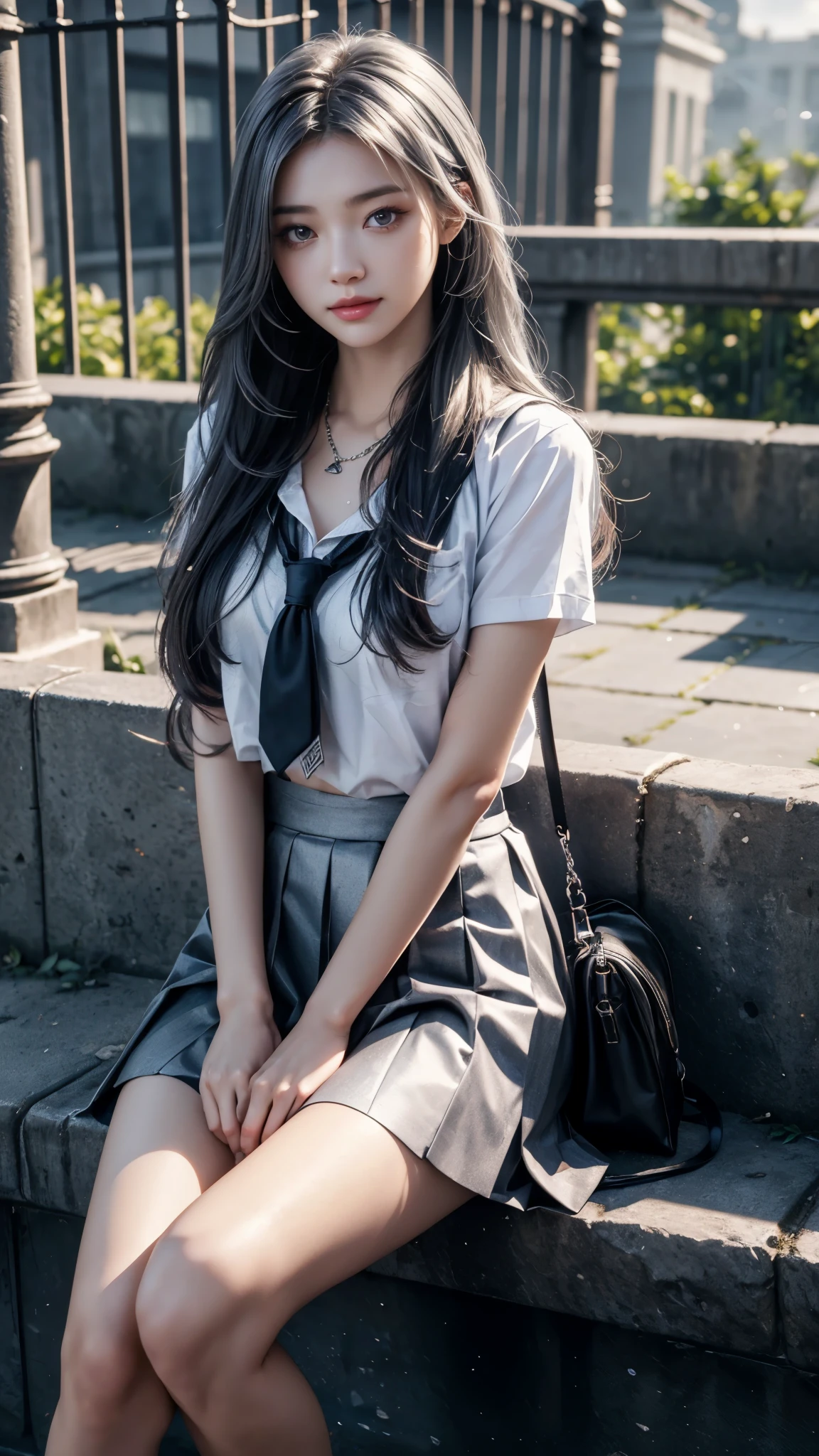 8K, UHD, masterpiece, 1 girl, good face, happy face, detailed eyes, very long hair, necklace, (school uniform), (silver skirt), tie, school bag, in the bridge, cloudy weather, realism, depth of field, 3d, unreal engine 5, ray tracing, flowing wind, sitting,