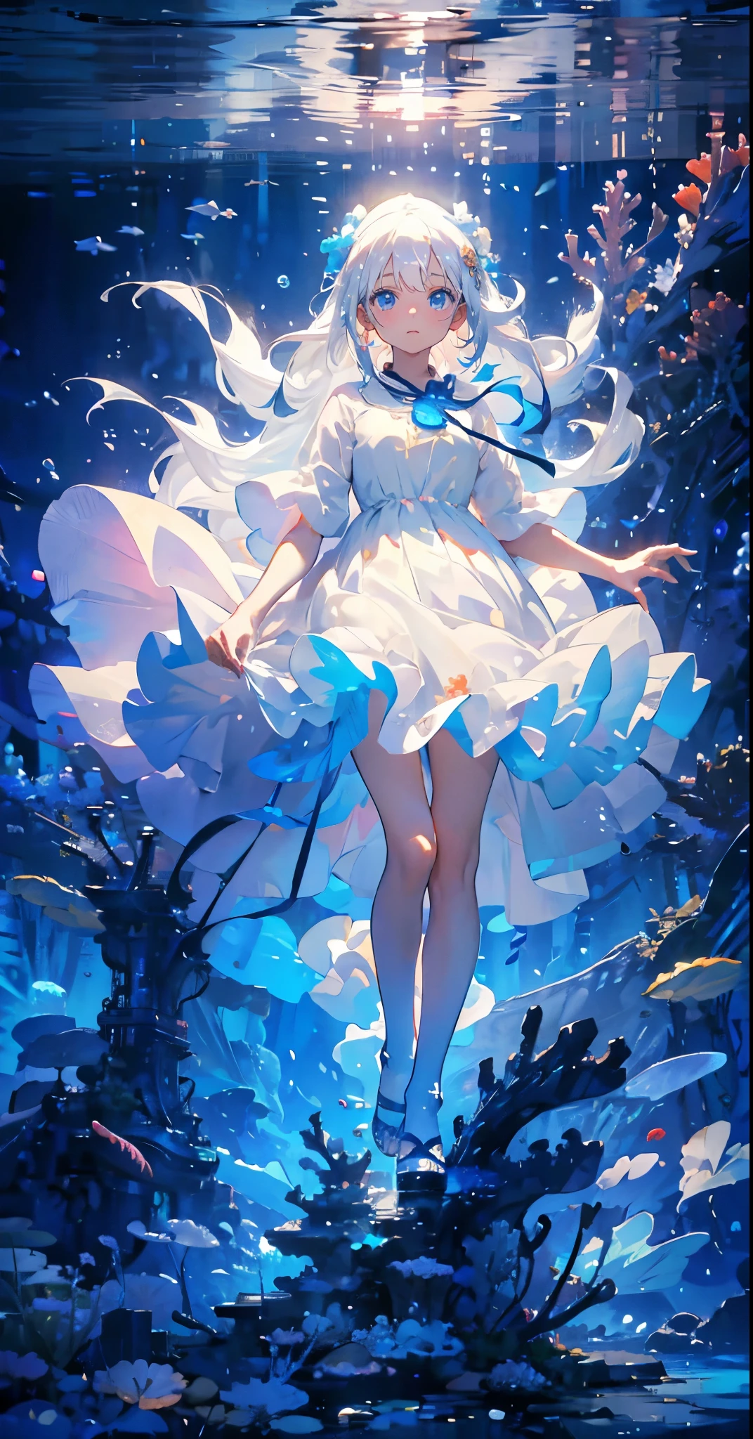(Mastepiece), (Best Quality), Very detailed、1 girl、Perfect Face、(Solo full body shot:1.3), Very detailedな顔、(Long white hair:1.5)、(blue eyes:1.4)、(In the water:1.4)、(White Dress:1.5)、Ocean、Coral Reef、School of small fish、Light、Bubble、jellyfish、Ocean藻、(深Ocean:1.4)、Fantasy、Ocean底、Sink