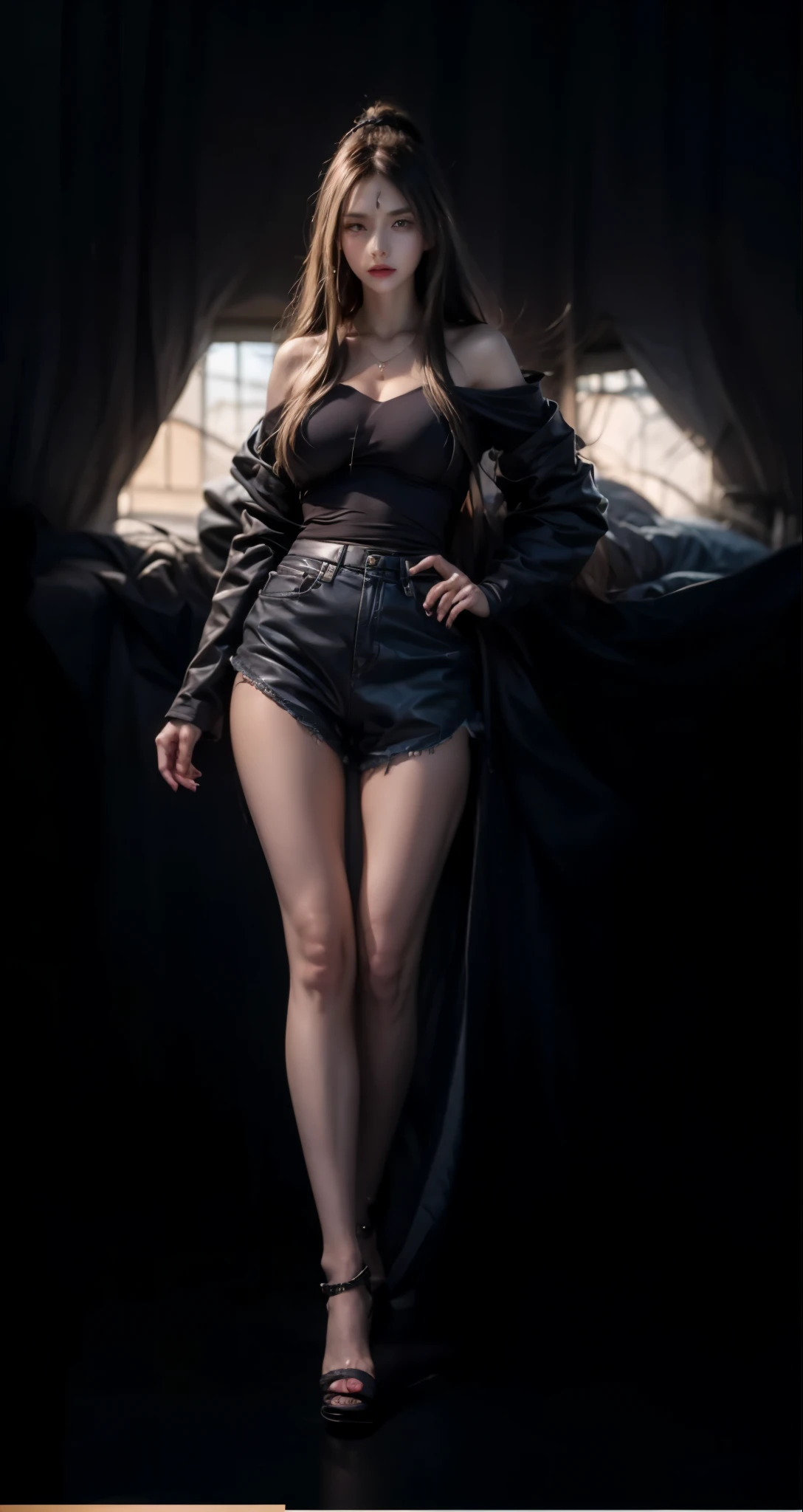 realistic, 1 women, best quality, 12k, HD, long hair, big round breasts, cleavage, ponytail, necklace, jewelry, shorts, short jacket, slim hips, hair tie, yellow eyes, black hair, super detailed, Eye details, hair details, person details, mouth details, face details, breast details, clothes details, hair details, pants details, hand details, whole body