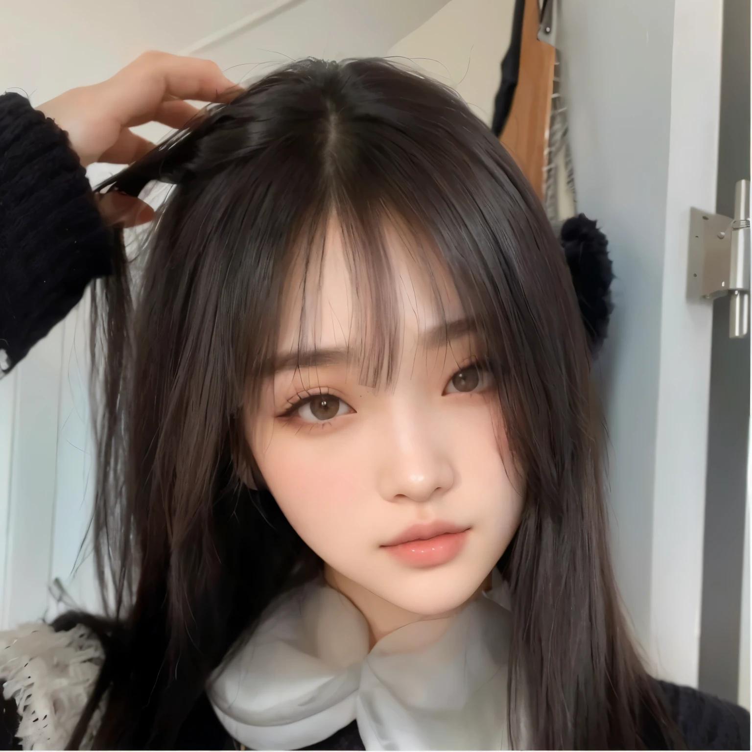 un primer plano de una mujer con un auricular en el cuello, ulzzang, neat hair Con flequillo, she has black hair Con flequillo, Con flequillo, joven y adorable rostro coreano, pale korean adorable face, con cara redonda, Young cute pale asian face, flequillo esponjoso, muchacha coreana, long hair Con flequillo, con flequillo completo, peinado de corte hime blanco