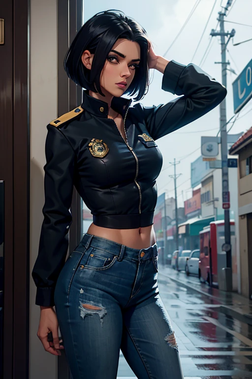 1 garota linda policial de noite, cabelos curtos estilo French bob batido na nuca, cabelo cinza, olhos claros, de noite, cidade noturna, clima sombrio, chuva suave, police badge and police accessories, vestindo uma blusa cinza e jeans cinza justos, jaqueta de couro preto curta policial, mostrando abdome definido, olhar encantador