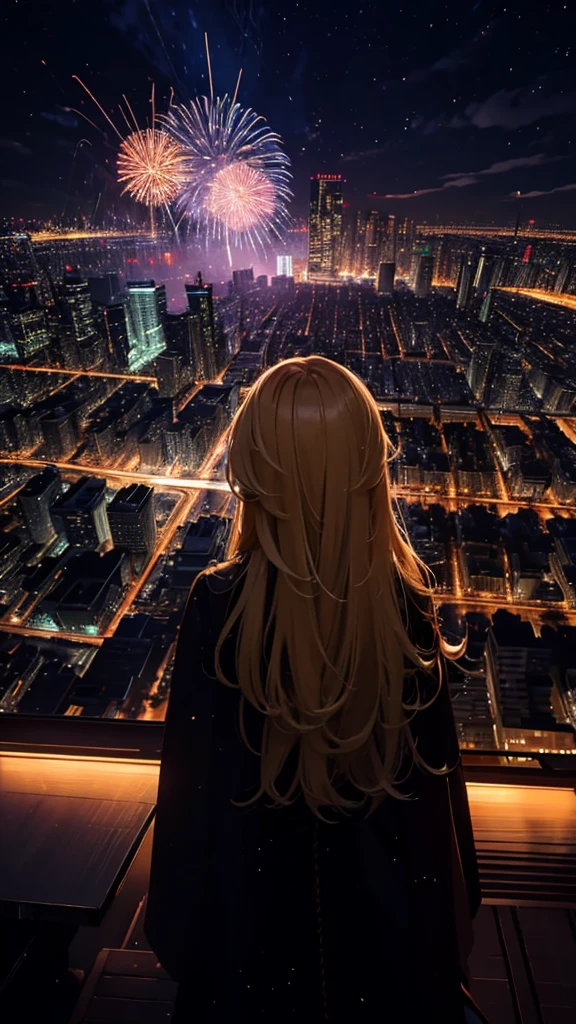１people々々,Blonde long-haired woman，Long coat， Dress Silhouette， Rear View， Anime Style, City night view from the rooftop，Countless fireworks covering the sky，Fireworks display，