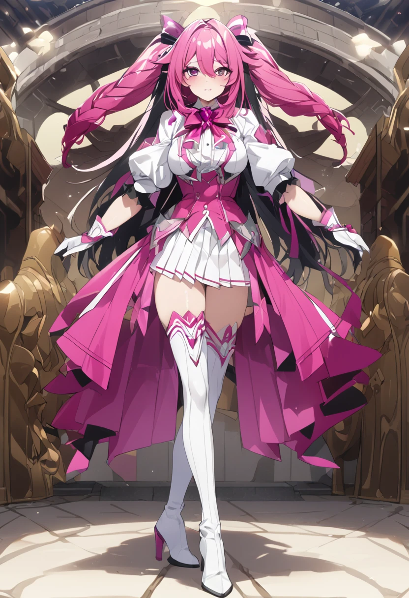 The perfect Magia Magenta costume, Idol cosplaying as Magia Magenta, masterpiece、1 beautiful girl、Fine Eyes、Puffy eyes、highest quality, 超High resolution, (reality: 1.4),Japanese、so beautiful、Beautiful Skin、Full Body Shot、(超reality的な)、(High resolution)、(8k)、(Very detailed)、(美しくFine Eyes)、(Very detailed)、Pleated skirt、Thigh-high socks、High cut boots High heels、Bridal Gauntlet、Gloves、