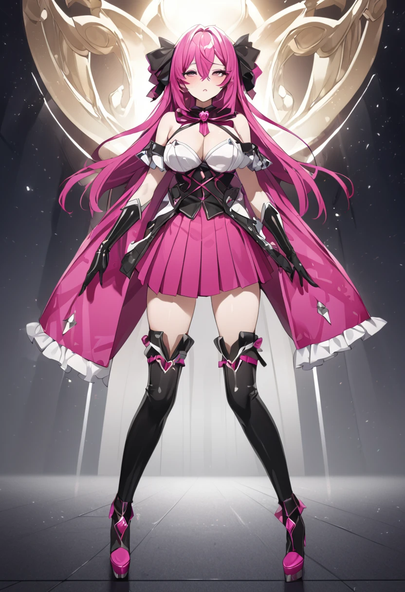 The perfect Magia Magenta costume, Idol cosplaying as Magia Magenta, masterpiece、1 beautiful girl、Fine Eyes、Puffy eyes、highest quality, 超High resolution, (reality: 1.4),Japanese、so beautiful、Beautiful Skin、Full Body Shot、(超reality的な)、(High resolution)、(8k)、(Very detailed)、(美しくFine Eyes)、(Very detailed)、Pleated skirt、Thigh-high socks、High cut boots High heels、Bridal Gauntlet、Gloves、