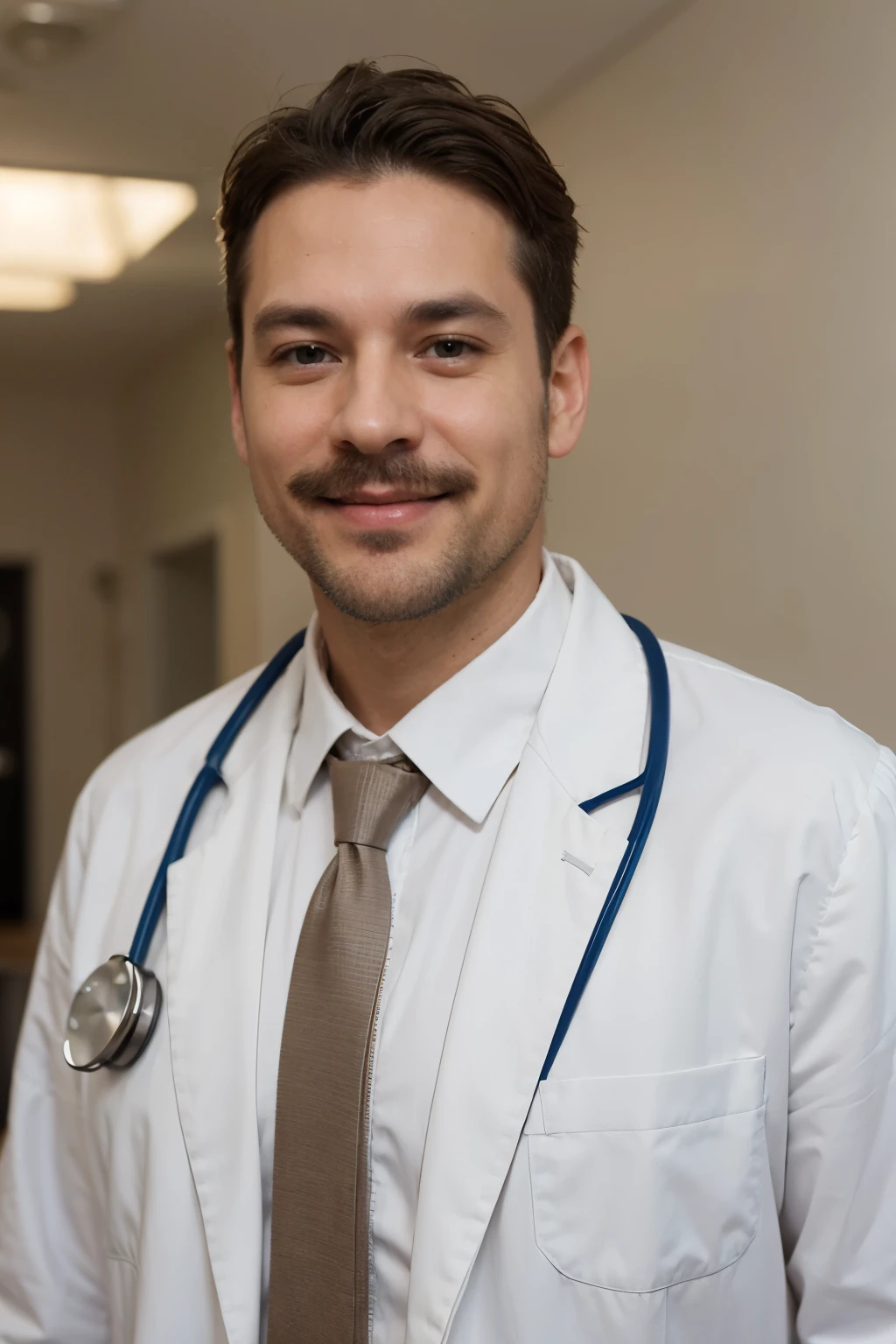 happy doctor, wearing a white coat, wearing a tie and light shirt, 45 years old, short hair, beard and mustache, light eyes, light and harmonious background, smiling