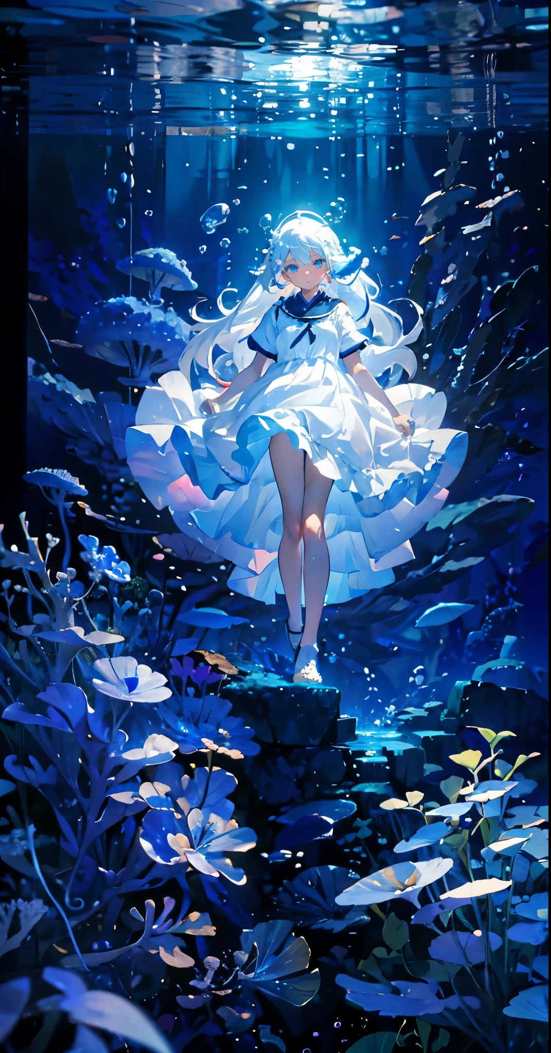 (Mastepiece), (Best Quality), Very detailed、1 girl、Perfect Face、(Solo full body shot:1.3), Very detailedな顔、(Long white hair:1.5)、(blue eyes:1.4)、(In the water:1.4)、(White Dress:1.5)、Ocean、Coral Reef、School of small fish、Light、Bubble、jellyfish、Ocean藻、(深Ocean:1.4)、Fantasy、Ocean底、Sink