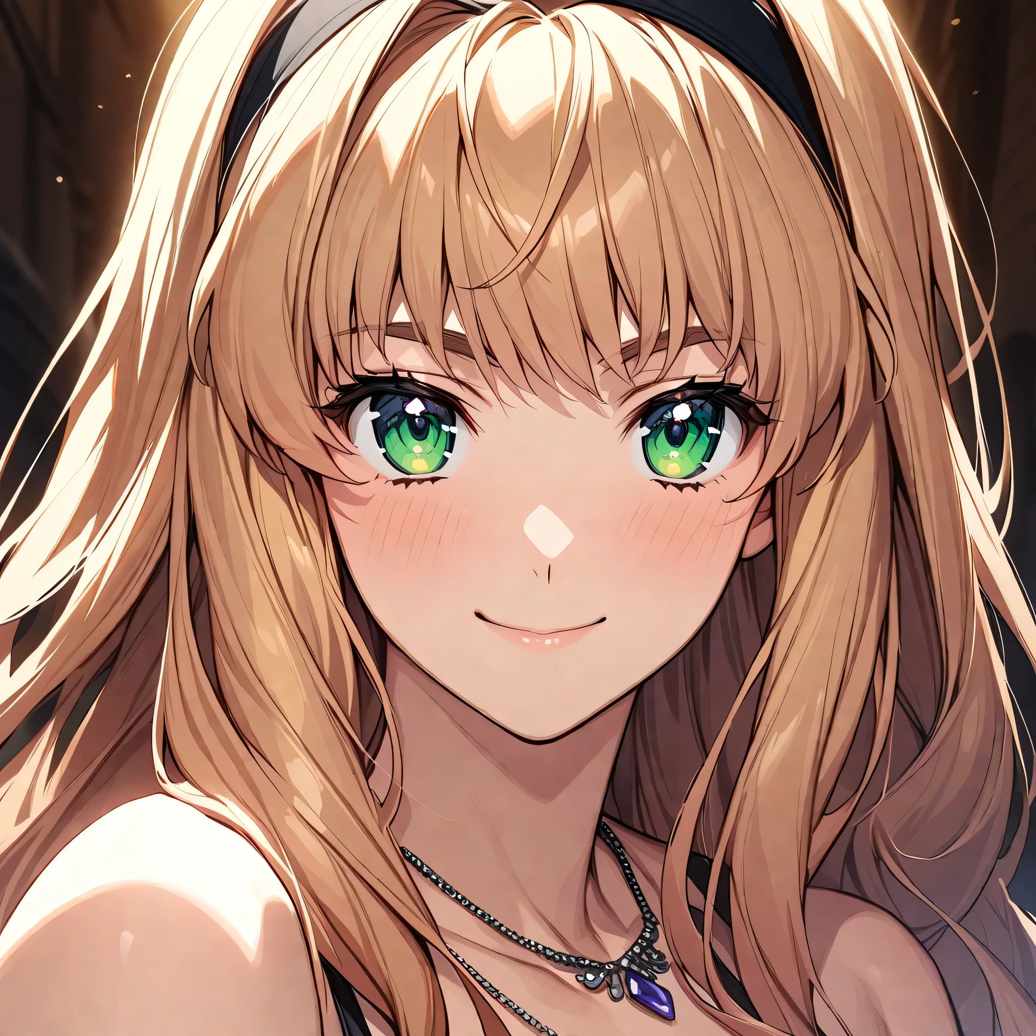 (masterpiece),(best quality),(ultra-detailed),(best illustration),(best shadow),(absurdres),(detailed background),(very aesthetic), sheryl nome, 1girl, solo, long hair, blonde hair, hairband, jewelry, necklace, bare shoulders, green eyes, smile, breasts, looking at viewer, confidence smile, very close-up, portrait 