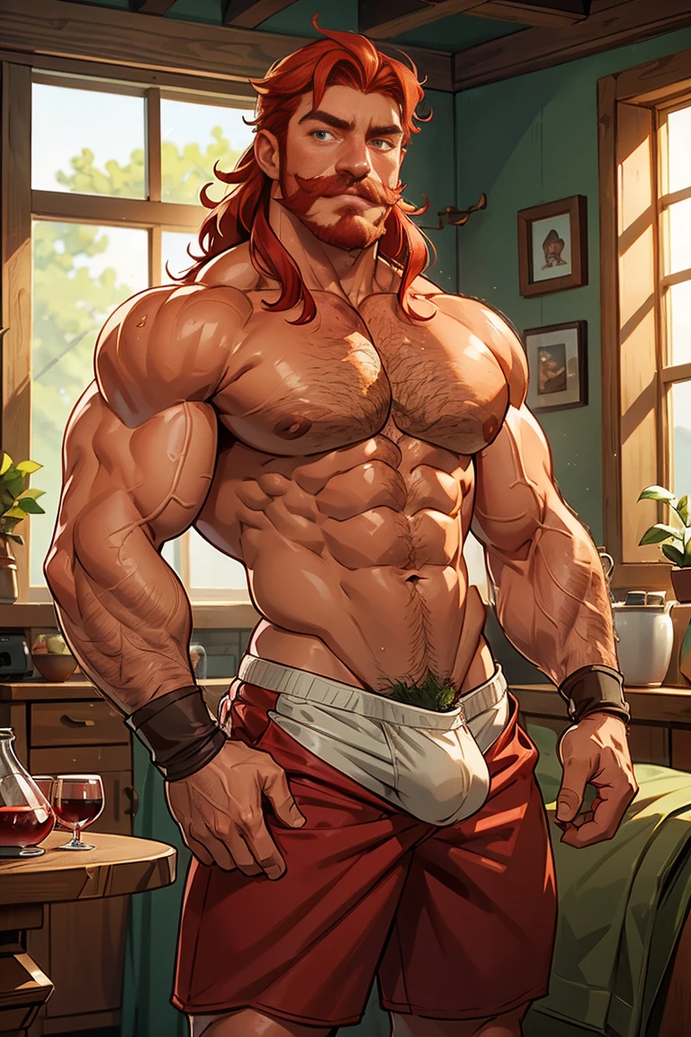 A robust man, muscular body, wavy red hair, masculine face, red mustache, rustic appearance, green eyes, sensual smile, huge hairy chest, huge hairy biceps, freckles on his face, oily and shiny skin. He is standing in the living room with a glass of wine in his hand, with a bare back and short shorts with a huge bulge in the crotch.