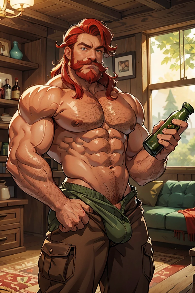 A robust man, muscular body, wavy red hair, masculine face, red mustache, rustic appearance, green eyes, sensual smile, huge hairy chest, huge hairy biceps, freckles on his face, oily and shiny skin. He is standing in the living room with a glass of wine in his hand, with a bare back and short shorts with a huge bulge in the crotch.