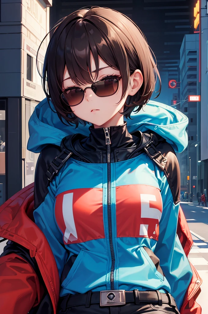 sleeping,bed,robotgirl,{thick eyeblows},very short hair,brown hair,red sunglasses,blue jacket,black hot pants,{cool},cybercity{background:1.3},{masterpiece},{highquority},{best detailed},{perfectface},{perfectbody},midnight,beautiful background