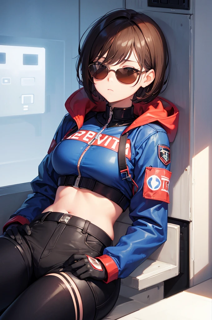 sleeping,bed,robotgirl,{thick eyeblows},very short hair,brown hair,red sunglasses,blue jacket,black hot pants,{cool},cybercity{background:1.3},{masterpiece},{highquority},{best detailed},{perfectface},{perfectbody},midnight,beautiful background